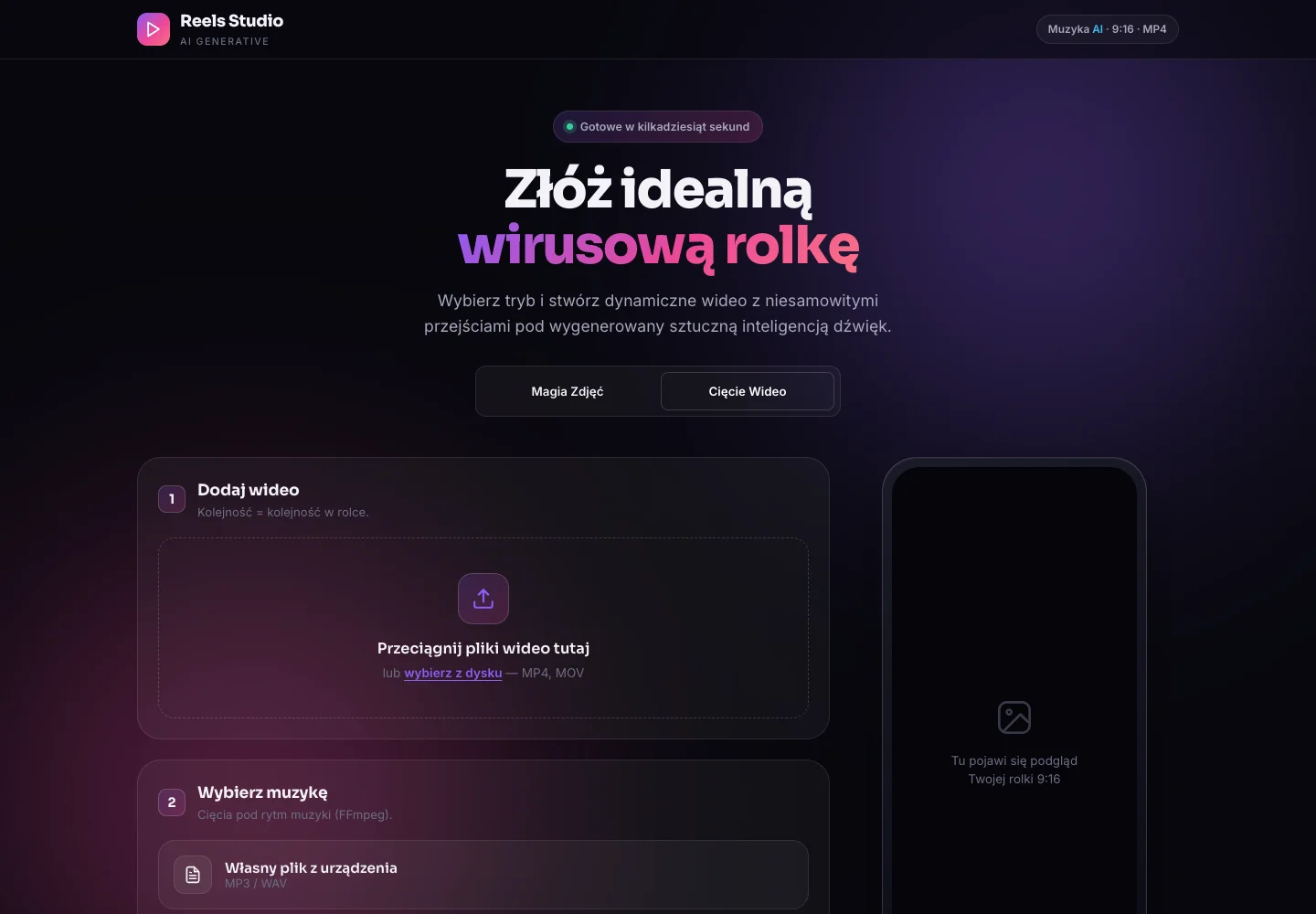 Reels Studio — podgląd strony